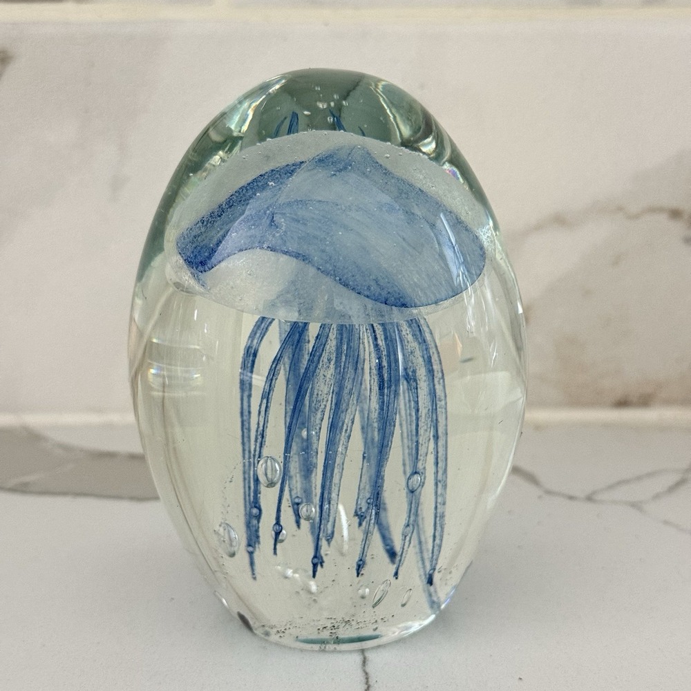 Jelly Fish Paperweight Clear Blue 4" Tall
